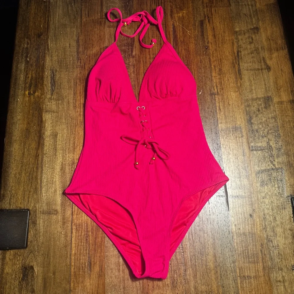 EUC Bongo Pink Ribbed Plunge Lace-Up One Piece‎ Swimsuit Size Large